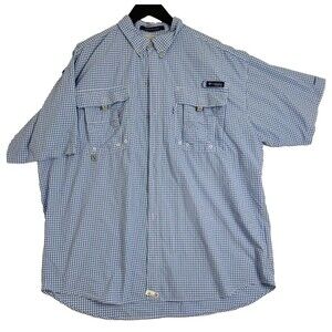 Columbia PFG Super Bahama Omni-Shade Short Sleeve Fishing Shirt Blue Check XL